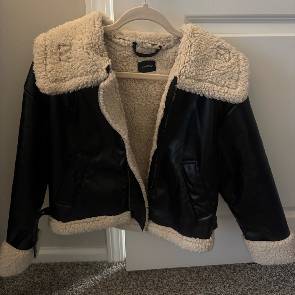 Black Faux Leather Jacket with Shearling Lining